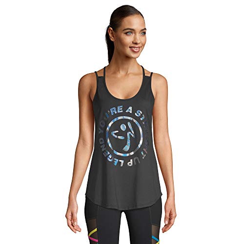 Zumba Active Easy Fit - Camiseta de tirantes para mujer, diseño gráfico, con tiras y tiras para entrenamiento, color negro Zumba Active Easy Fit - Camiseta de tirantes para mujer, diseño gráfico, con tiras y tiras para entrenamiento, color negro