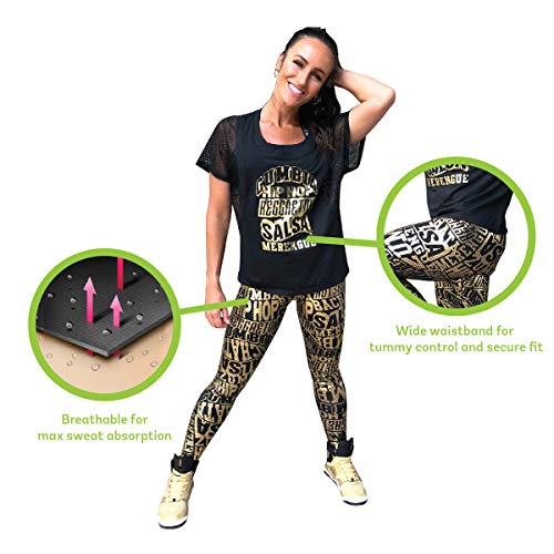 Zumba Wide Waistband Compression Dance Fitness Metallic Workout Leggings Women, Bold Black 3, Medium para Mujer