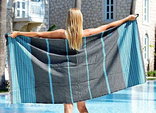 ZusenZomer Fouta Toalla hammam 100x190 Biarritz - Toalla de Playa Sauna Yoga Grande y Ligera - 100% Algodón Diseño Exclusivo - Foutas Playa Comercio Justo (Negro, Turquesa)