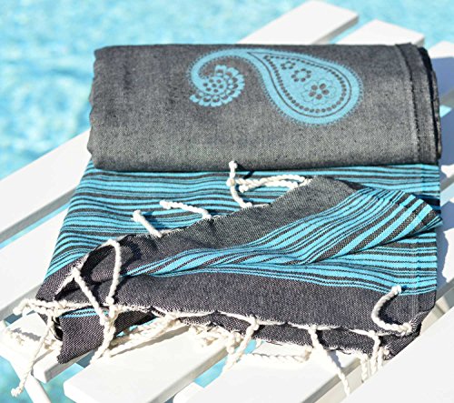 ZusenZomer Fouta Toalla hammam 100x190 Biarritz - Toalla de Playa Sauna Yoga Grande y Ligera - 100% Algodón Diseño Exclusivo - Foutas Playa Comercio Justo (Negro, Turquesa)