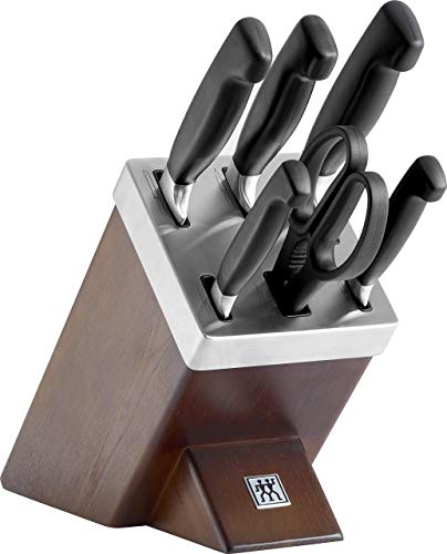 Zwilling 35145-000-0 - Juego de cuchillos con soporte (7 piezas, madera de fresno), autoafilable, cuatro estrellas, color marrón oscuro