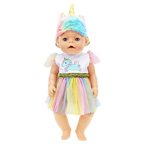 ZWOOS Ropa para Muñecas bebé, Vestido de Unicornio con Diadema para 18" Muñecas (40-45 cm)