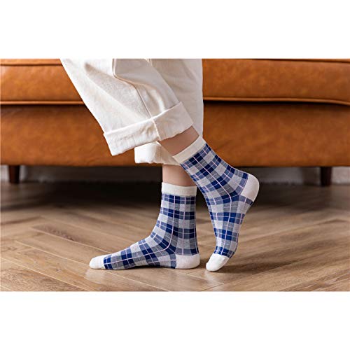 ZYJ 2 Pares de Calcetines de algodón Azul Marino de Estilo inglés otoño Primavera Calcetines de Tubo Elegantes de celosía a Cuadros a Rayas Vintage，1