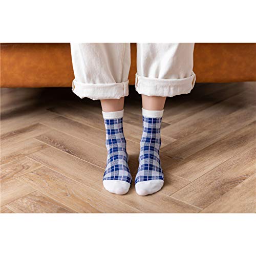 ZYJ 2 Pares de Calcetines de algodón Azul Marino de Estilo inglés otoño Primavera Calcetines de Tubo Elegantes de celosía a Cuadros a Rayas Vintage，1