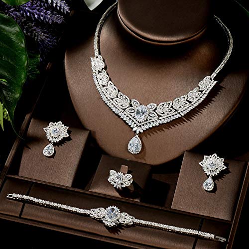 Zyuan AAA CUBICA Zirconia CLÁSICO DE Drop DE Agua 4PCS Conjunto para Joyas De Novia De Novia Conjunto con Diseño De Flores Shandd (Color : Black Color)