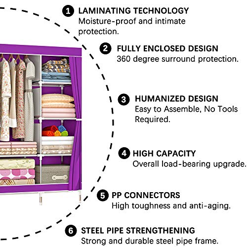ZZBIQS Armario con compartimentos y bolsillo lateral, armario de tela con barras para ropa, almacenamiento para ropa, vestidor, dormitorio (morado) ZZBIQS Armario con compartimentos y bolsillo lateral, armario de tela con barras para ropa, almacenamiento para ropa, vestidor, dormitorio (morado)