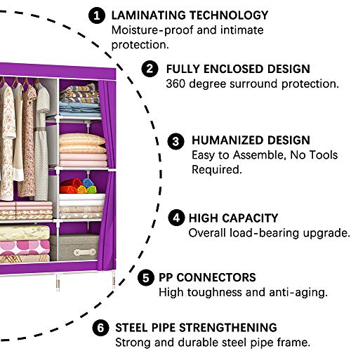 ZZBIQS Armario con compartimentos y bolsillo lateral, armario de tela con barras para ropa, almacenamiento para ropa, vestidor, dormitorio (morado)