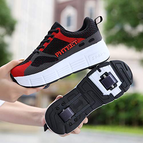 ZZRA Zapatos de polea técnica retráctiles automáticos en línea de Doble Rueda Unisex, Zapatos de Patinaje sobre Ruedas Zapatillas de Deporte Que Brillan intensamente LED niños niñas Zapatos Skate USB