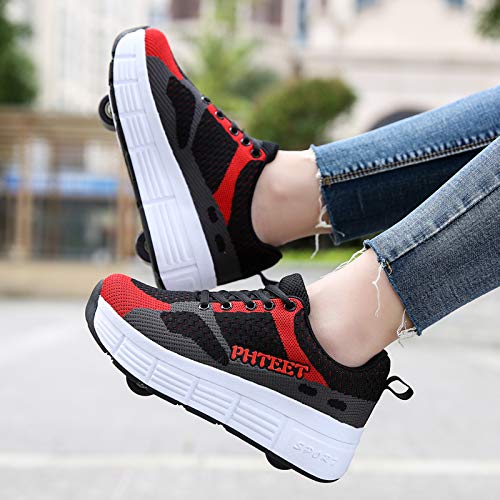 ZZRA Zapatos de polea técnica retráctiles automáticos en línea de Doble Rueda Unisex, Zapatos de Patinaje sobre Ruedas Zapatillas de Deporte Que Brillan intensamente LED niños niñas Zapatos Skate USB