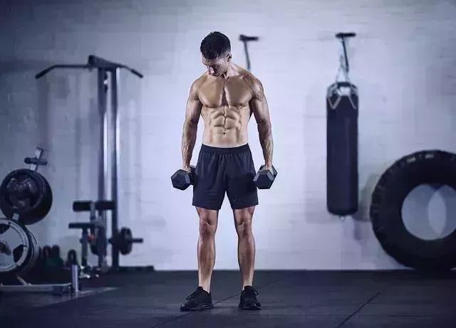 muscular male bodybuilder standing front on to camera holding dumbbells looking down in industrial gym