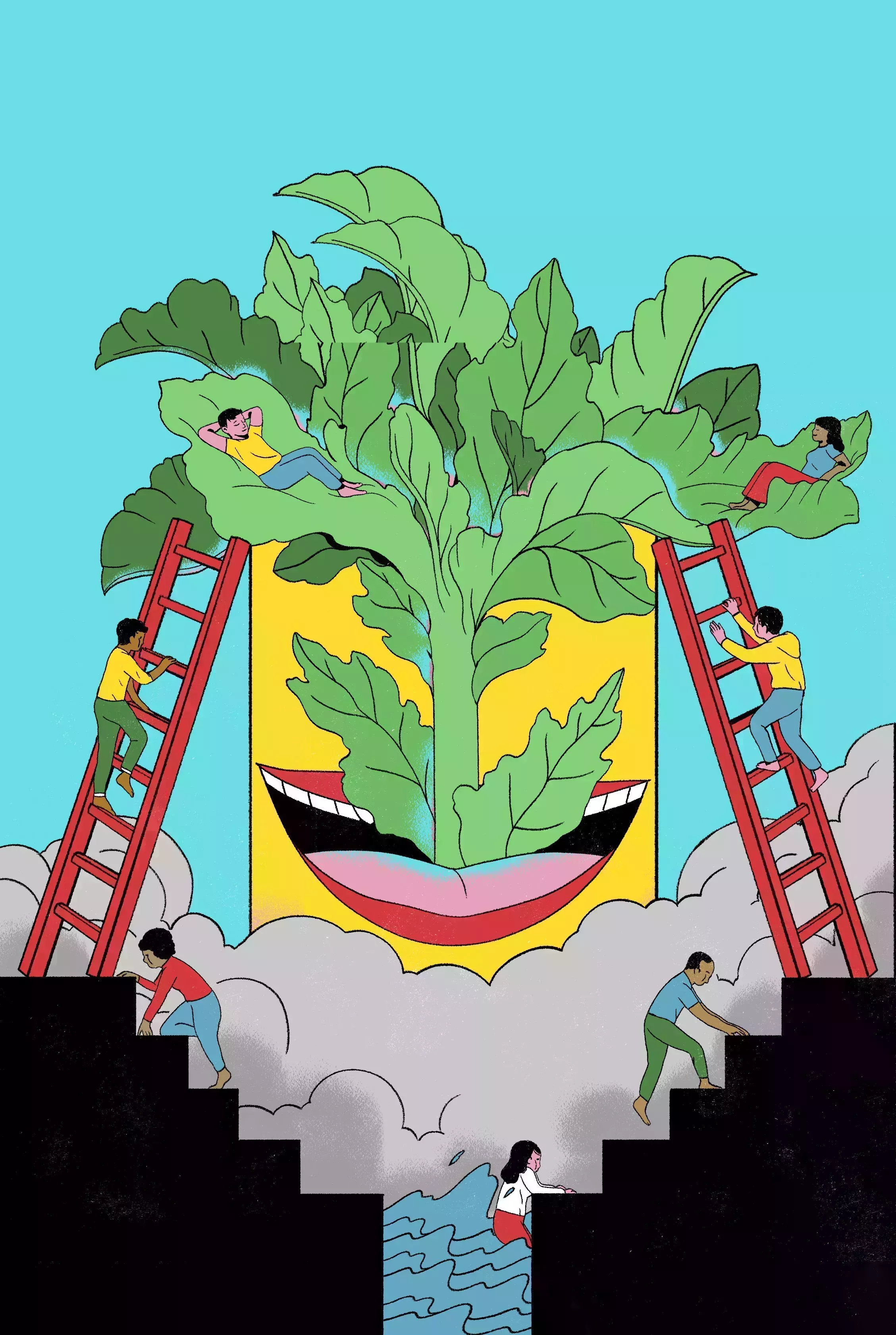 improve you mental health illustration ladders, plant, giant beanstalk