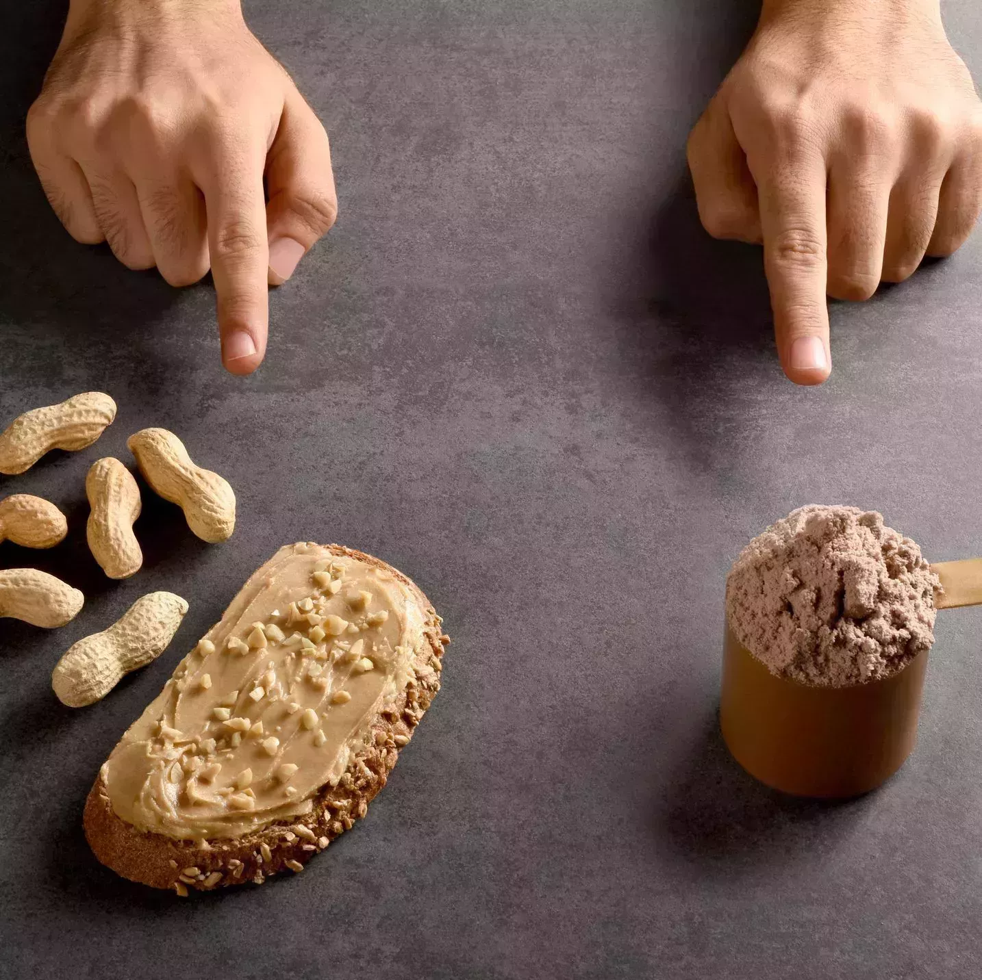 choosing natural protein or protein powder, male fingers pointing protein powder and natural protein peanuts