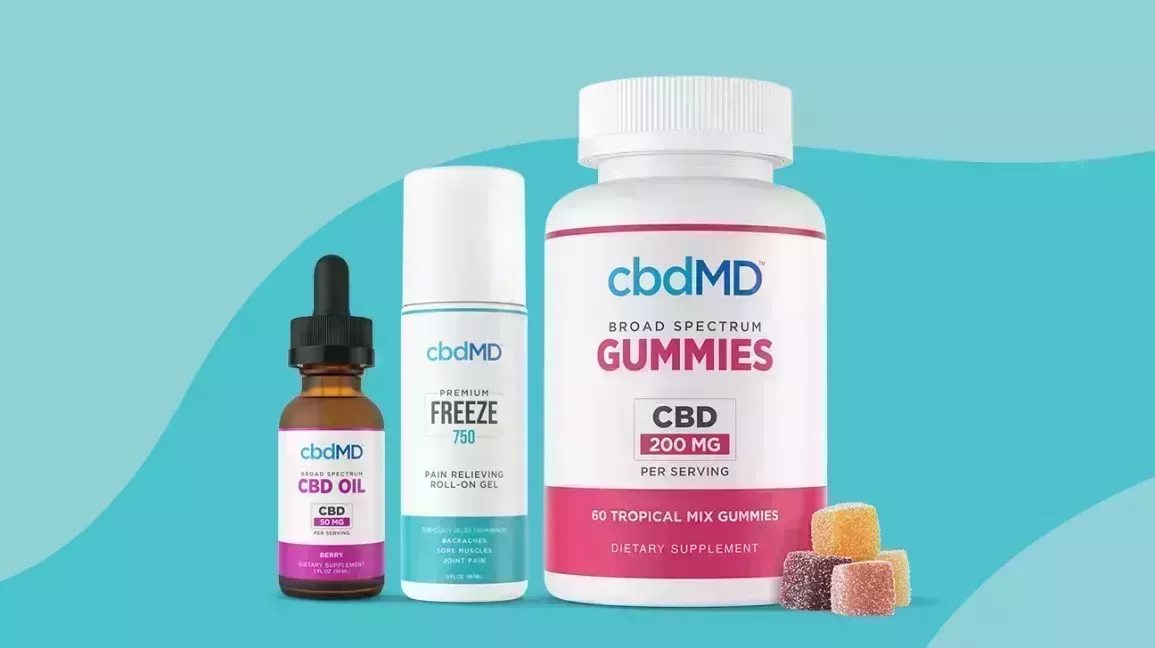 C B D M D brand dropper bottle, C B D stick, and bottle of gummies