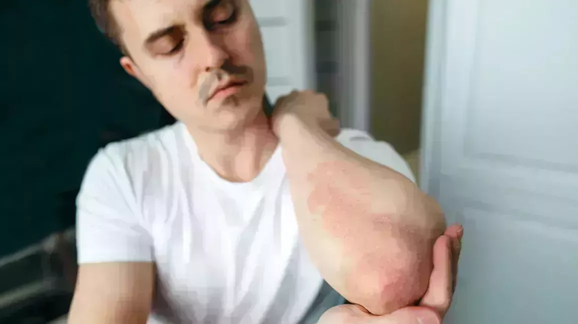 Person looks at psoriasis on their elbow 1