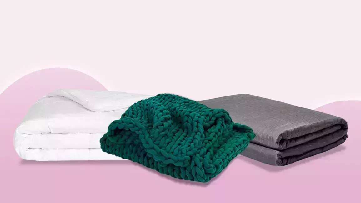 Collage of three weighted blankets on a pink background