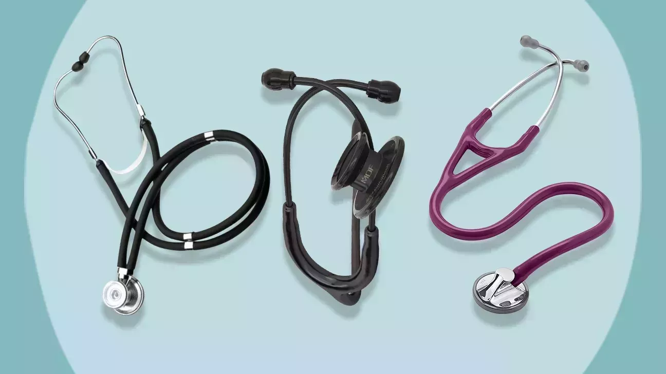 Three stethoscopes on blue background