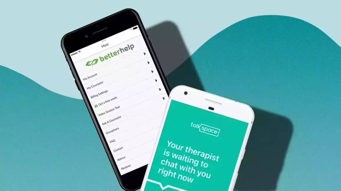 One smartphone has the BetterHelp app open, while the other smartphone has the Talkspace app open.
