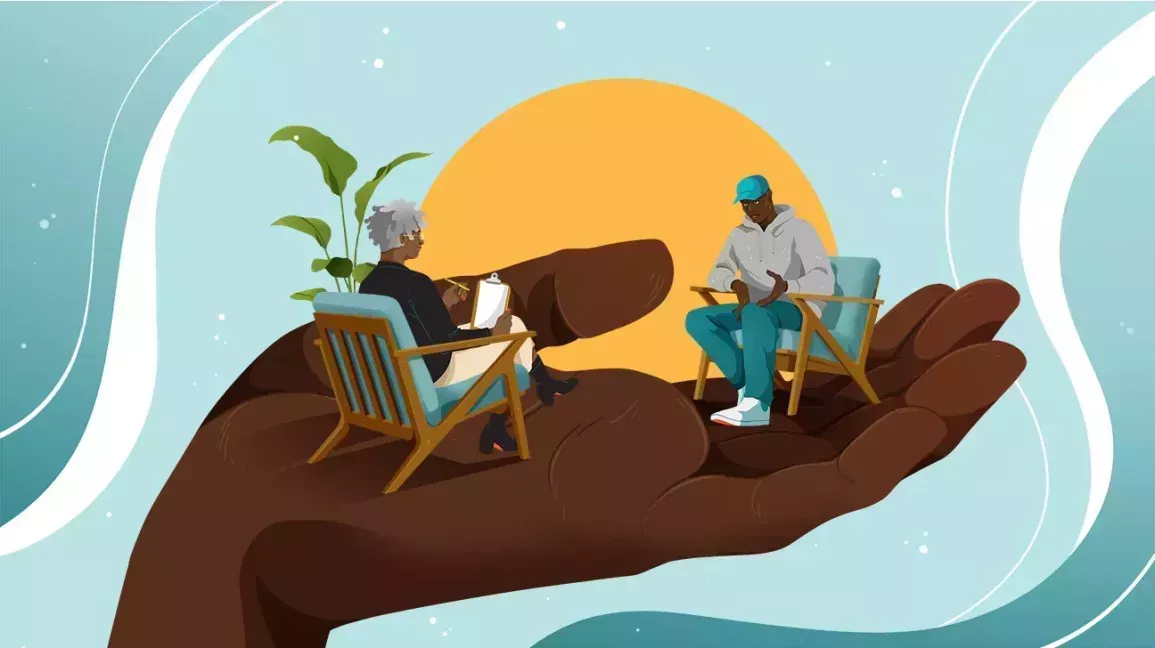 An abstract illustration of two black people in a cozy therapy setting. 