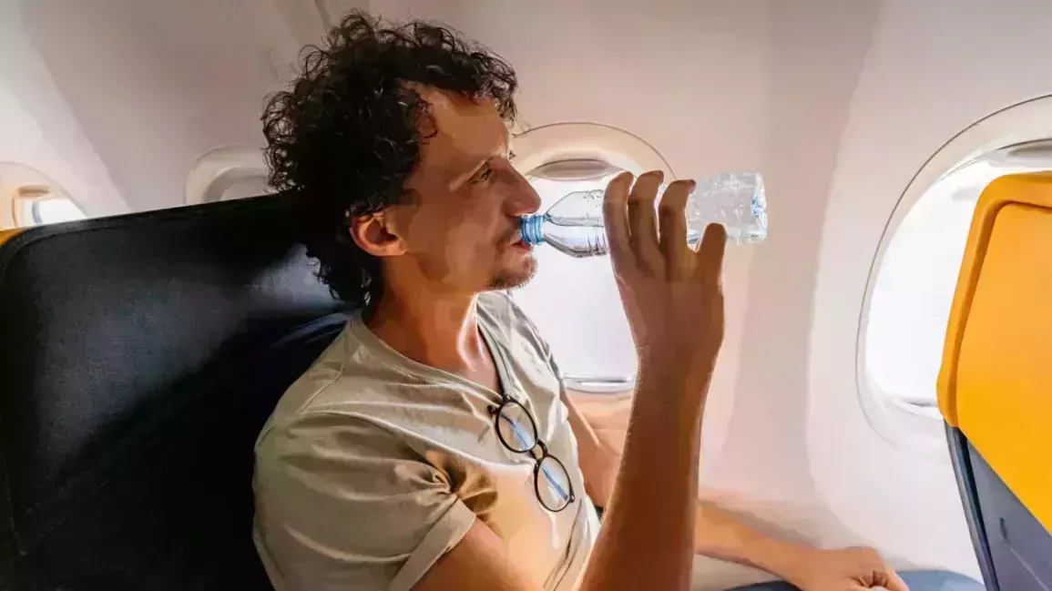 A man sits in a window seat on an airplane while drinking water from a plastic bottle. 