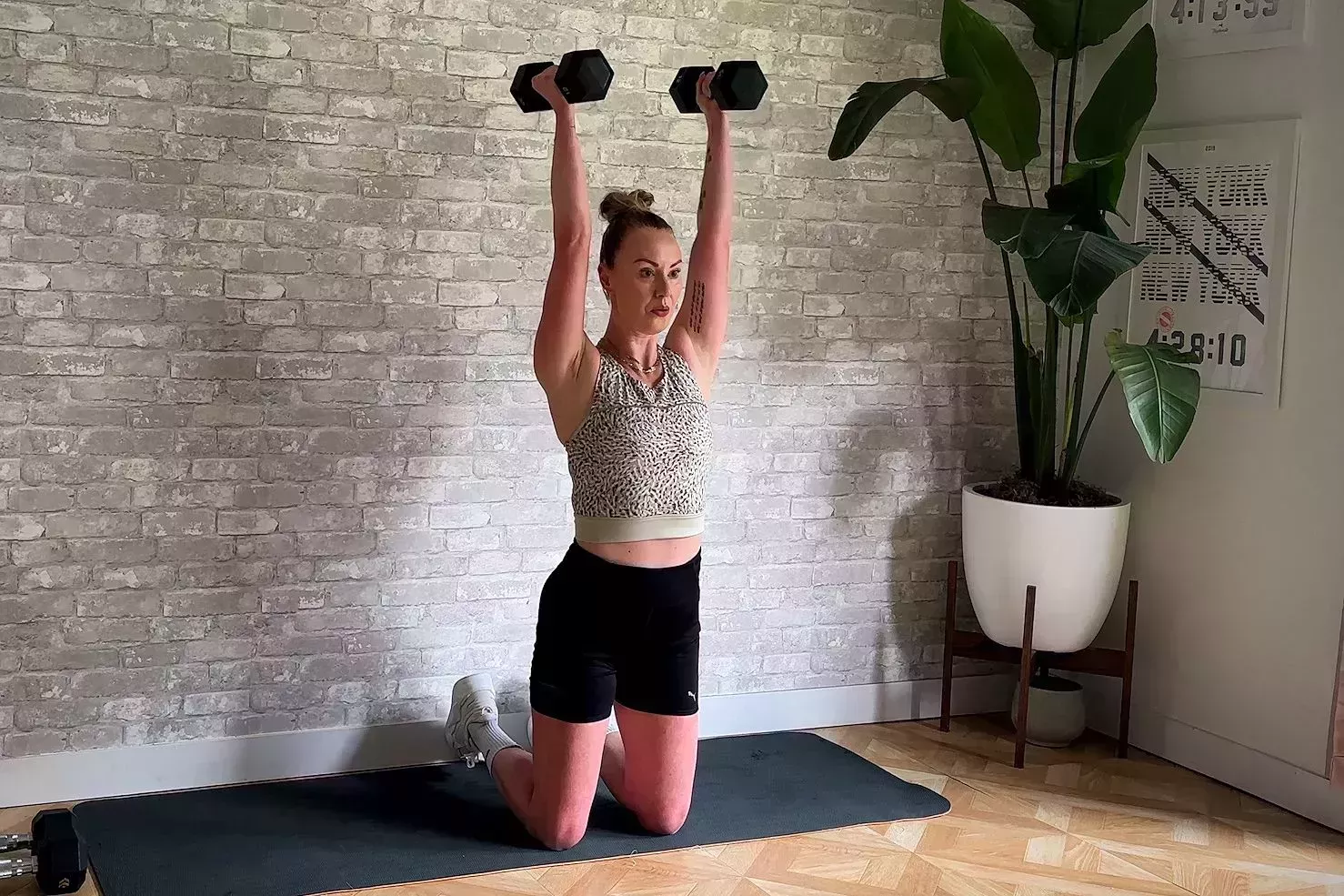 free weight exercises, high-kneeling hammer curl to overhead press free weight exercises, high kneeling hammer curl to overhead press