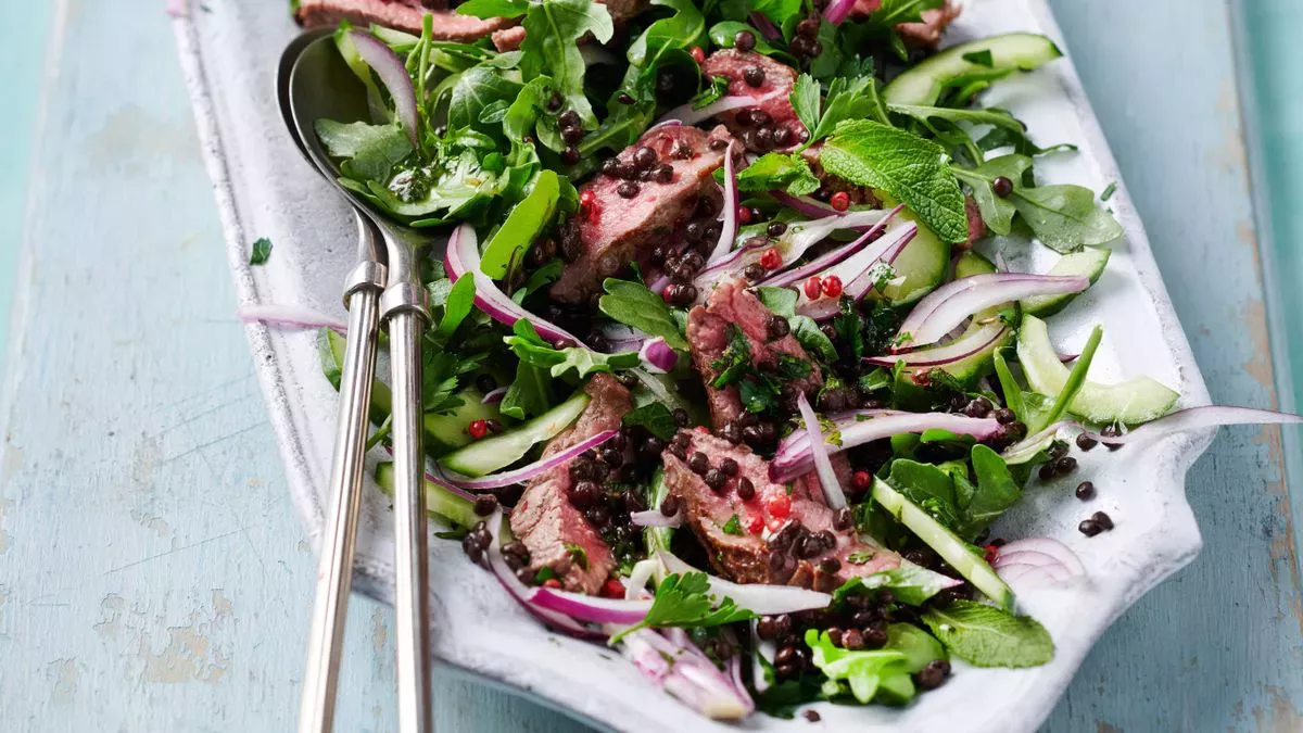 Receta de filete a la pimienta y ensalada de lentejas